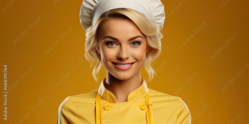 Uśmiechnięta szefowa kuchni w fartuchu i czapce na tle żółtej ściany w restauracji.  - obrazy, fototapety, plakaty 