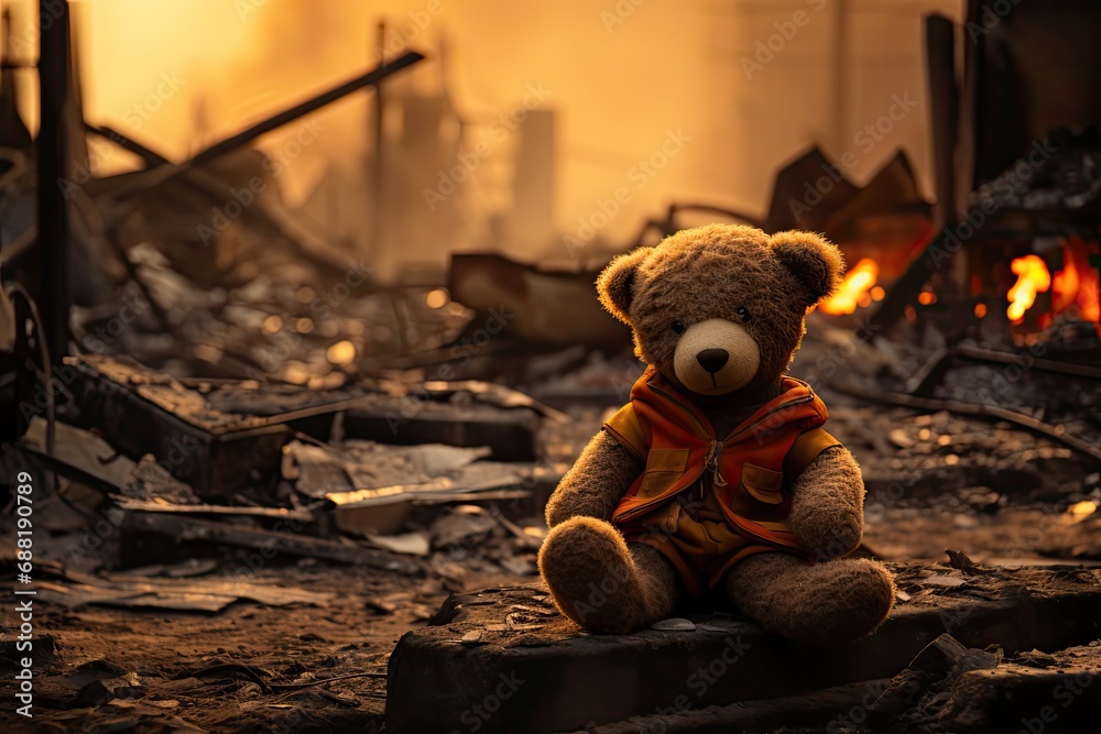Smutny samotny pluszowy miś siedzący na zgliszczach zniszczonego wojną miasta.  - obrazy, fototapety, plakaty 