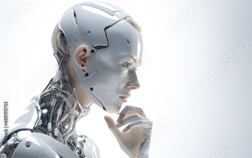 Humanoid female robot is thinking, white background