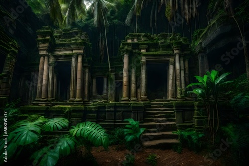 The texture of ancient overgrown stone ruins nestled within island jungles
