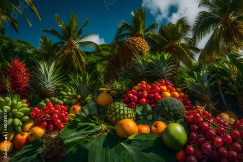 Vibrant and exotic island fruits and plant life with vivid colors