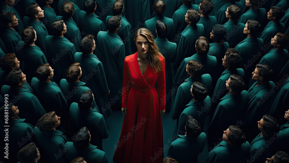 Obraz na płótnie kobieta sukcesu w czerwonej sukience z lokami i ładnymi włosami, władza,  w salonie