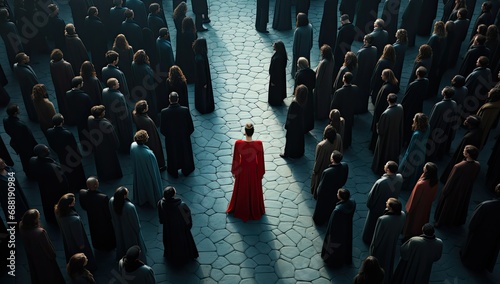 kobieta sukcesu w czerwonej sukience z lokami i ładnymi włosami, władza, 