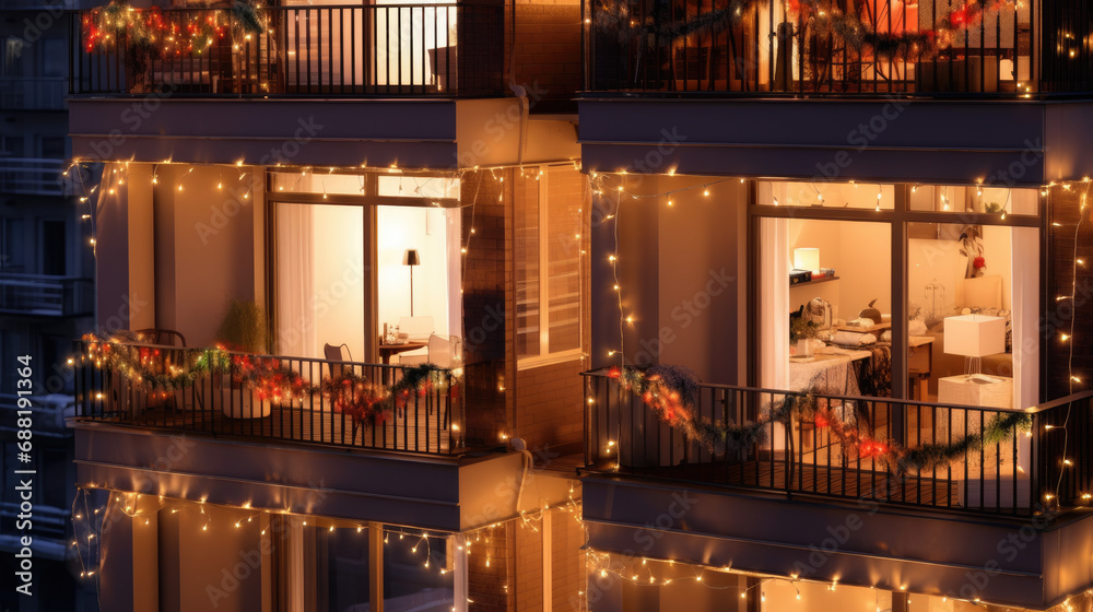 Festive balcony decoration for Christmas and New Year. Modern residential apartment building balcony in evening 