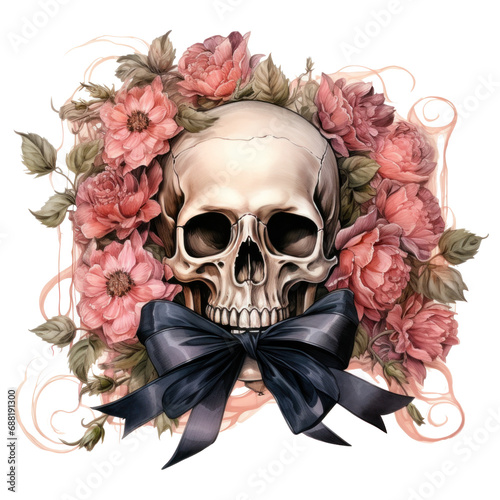 skull with flowers and empty ribbon isolated