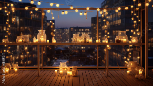 Festive balcony decoration for Christmas and New Year. Modern residential apartment building balcony in evening 