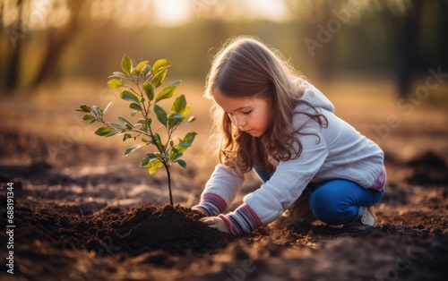 Child joyfully participates in the act of planting a green tree in the garden