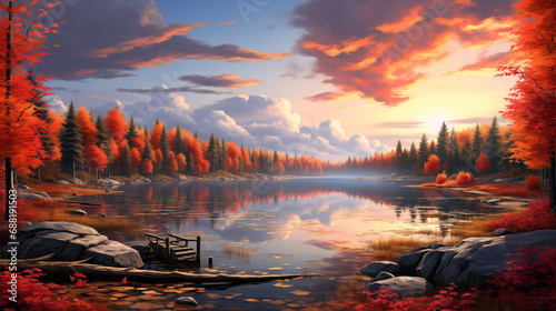 Autumnal paradise with fiery red trees reflecting in a serene lake at sunset
