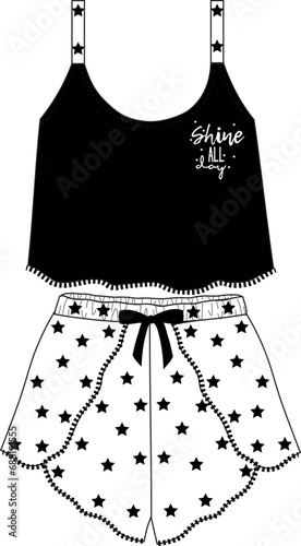 WOVEN AND TEES NIGHTWEAR TANK AND SHORT FOR WOMEN IN EDITABLE VECTOR FILE. star seamless pattern. short skirt set. home wear and nightwear. cute pajama with star pattern.