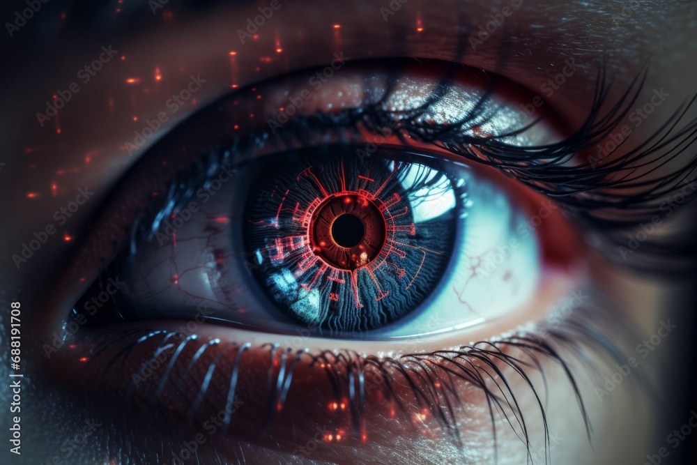 close-up of an eye with artificial intelligence in the retina. Future technologies for long-distance objects through scanning with artificial intelligence built into the eyes. - obrazy, fototapety, plakaty 