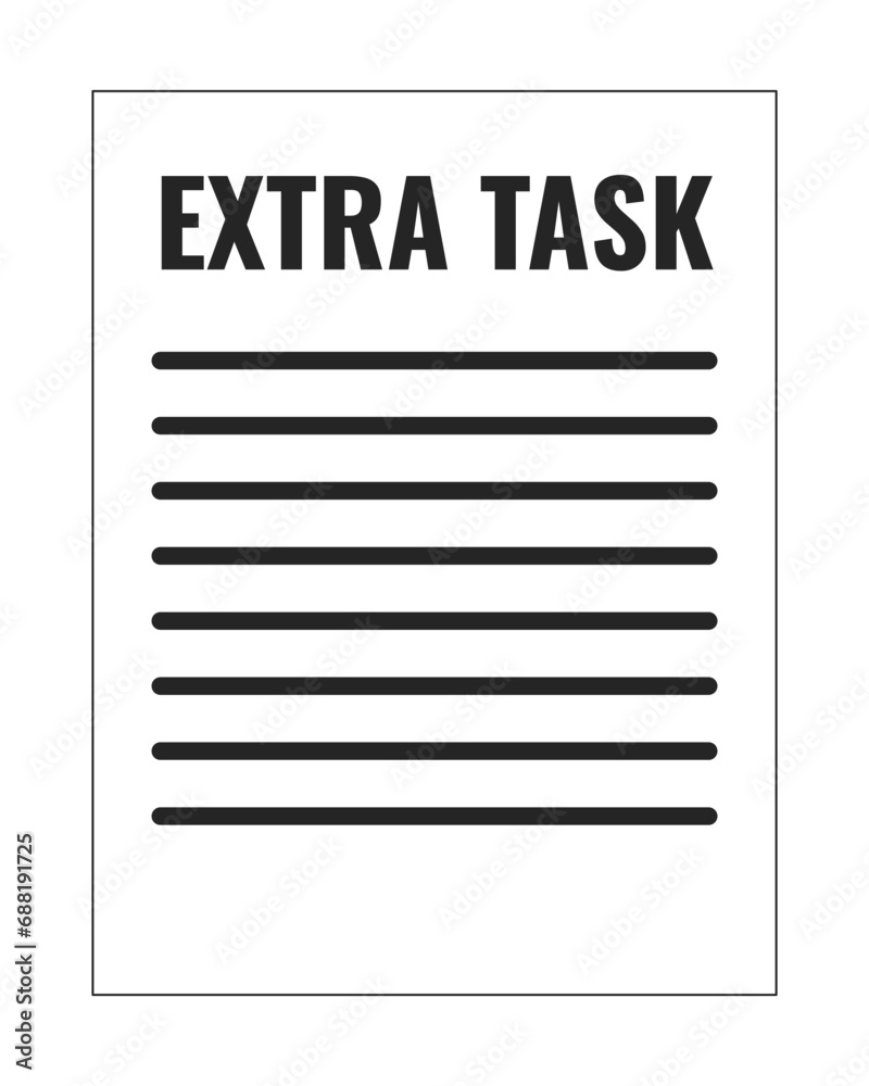 Extra task paperwork black and white 2D line cartoon object. Excessive workload work isolated vector outline item. Extra credit. Homeschooling. Additional homework monochromatic flat spot illustration Extra task paperwork black and white 2D line cartoon object. Excessive workload work isolated vector outline item. Extra credit. Homeschooling. Additional homework monochromatic flat spot illustration