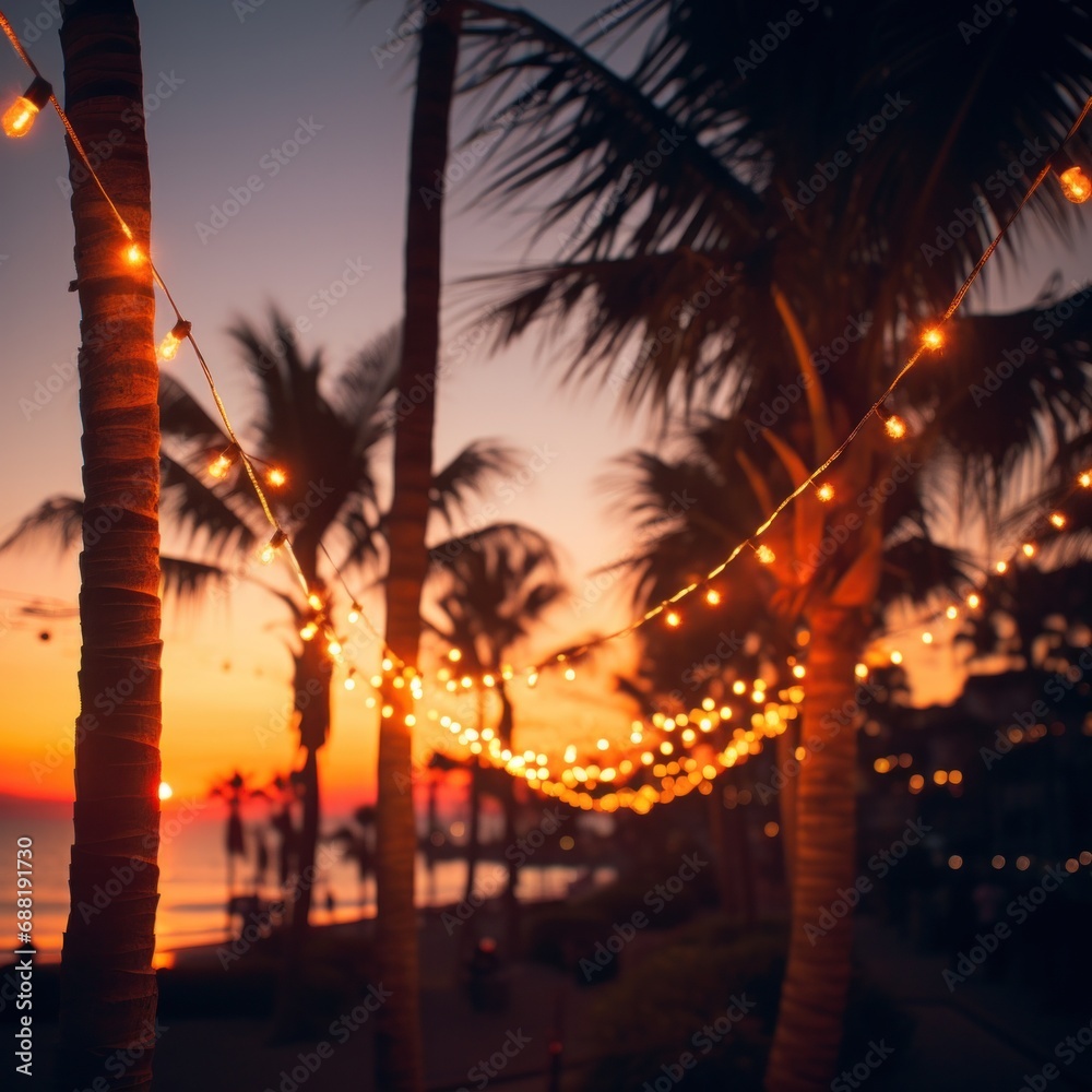 palm trees and string lights, by the ocean at sunset