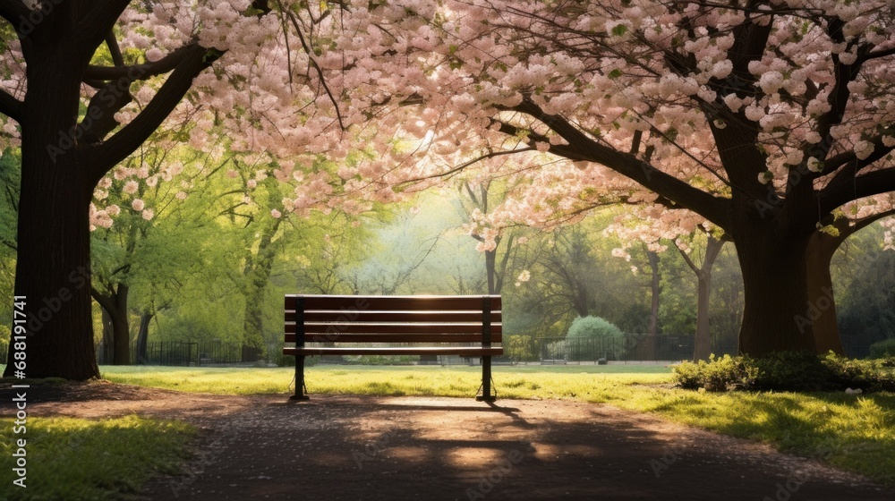 A peaceful image of a lone park bench nestled among blooming trees and lush greenery, - obrazy, fototapety, plakaty 