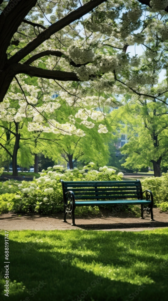 A peaceful image of a lone park bench nestled among blooming trees and lush greenery, A peaceful image of a lone park bench nestled among blooming trees and lush greenery,