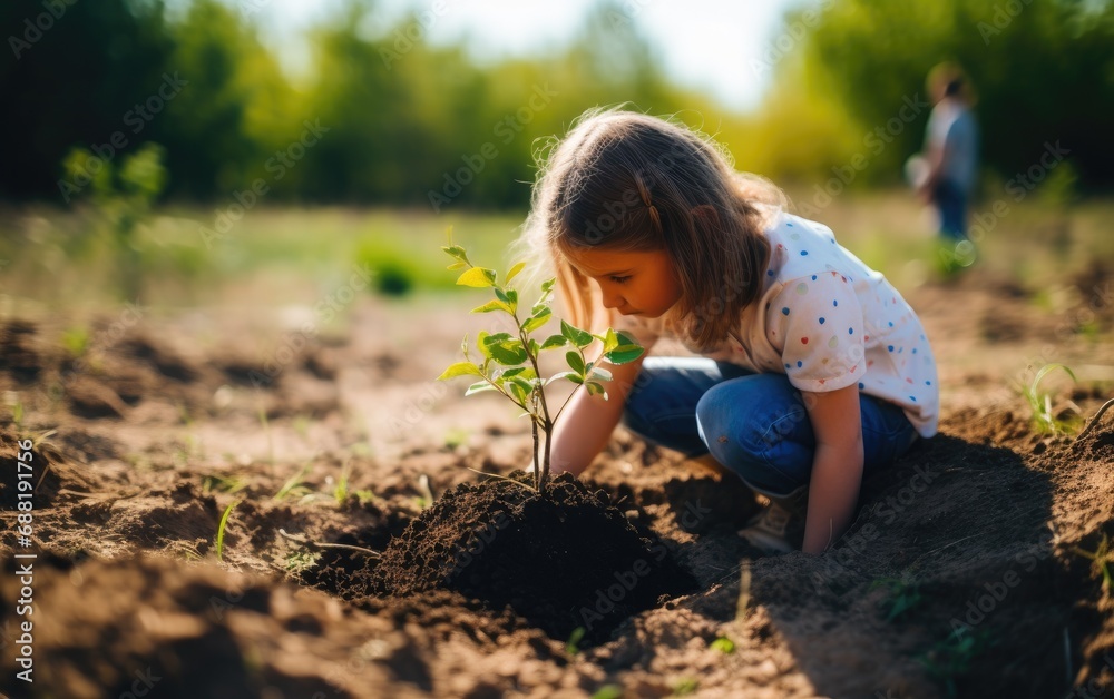Child joyfully participates in the act of planting a green tree in the garden Child joyfully participates in the act of planting a green tree in the garden