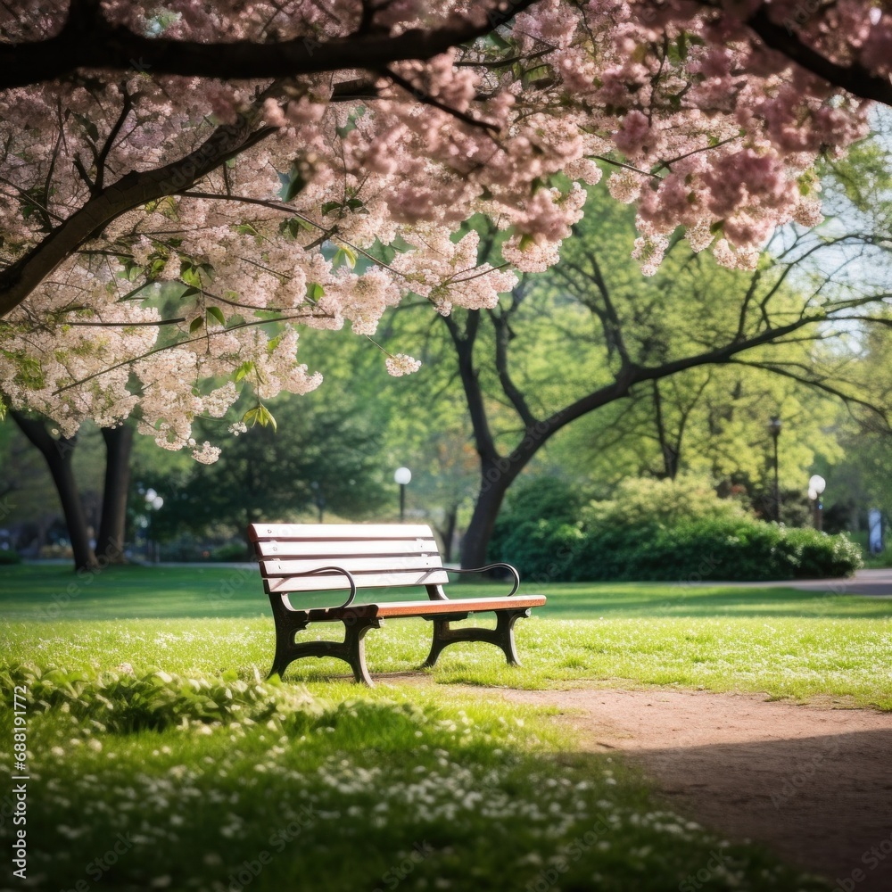 A peaceful image of a lone park bench nestled among blooming trees and lush greenery,