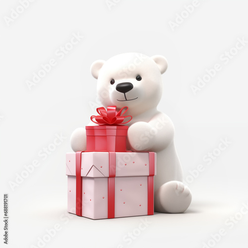 White cute polar bear cub with red present boxes isolated on white background. Merry Christmas and happy New Year. Character 3d illustration for card, banner, poster, flyer design