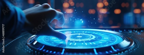 man with blue button showing data on time