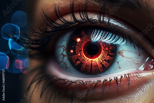 close-up of an eye with an artificial retina. Future technologies for recognizing the environment through scanning using artificial intelligence built into the eyes. Artificial retina of the human eye © Georgii
