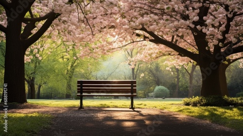 A peaceful image of a lone park bench nestled among blooming trees and lush greenery, photo