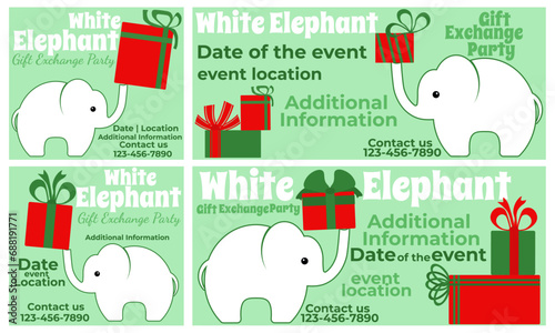 White elephant party, set of square cards and horizontal invitation designs in red and green colors
