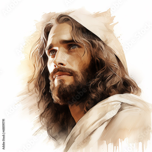 drawing of beautiful young handsome resurrected Jesus Christ in white robe, generative AI