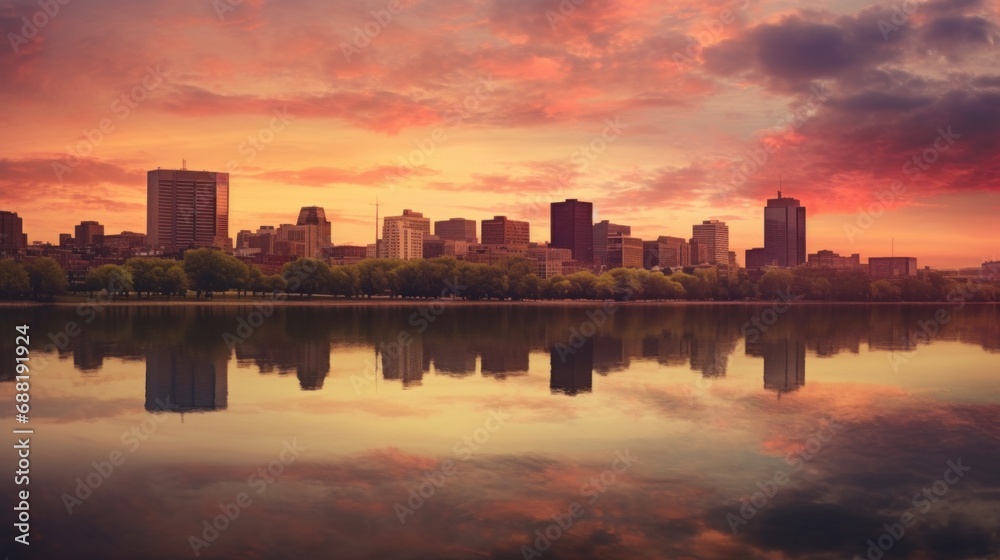 A breathtaking photo of a city skyline at sunset, with warm spring colors painting the sky