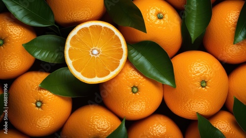 Background of fresh tangerines or oranges with green leaves. Juicy fruits.