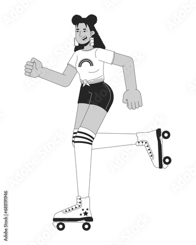 Roller disco girl black and white cartoon flat illustration. 1980s rollerblading latina woman with knee high socks 2D lineart character isolated. Nostalgia monochrome scene vector outline image