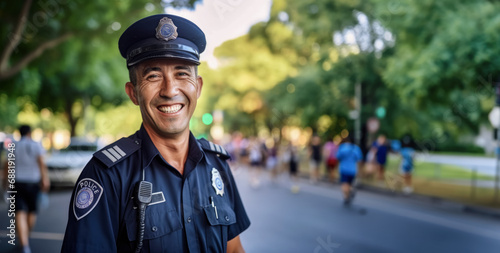 Friendly looking man working as police officer or cop, closeup portrait, blurred city background. Generative AI photo