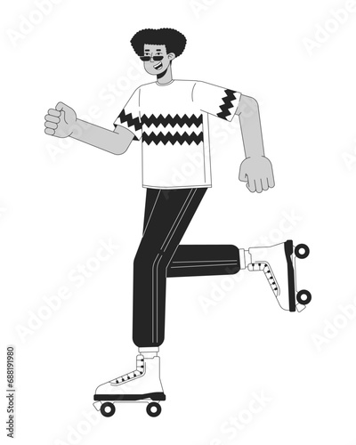 80s skater rollerblading black and white cartoon flat illustration. Hispanic cool guy roller skating 2D lineart character isolated. Eighties retro. Nostalgia monochrome scene vector outline image