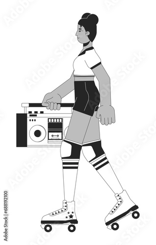 Roller skating with boombox black and white cartoon flat illustration. Black female 80s hip hop 2D lineart character isolated. Eighties vintage. Nostalgia fashion monochrome scene vector outline image