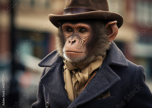 A monkey dressed in a suit and hat. Generative AI.