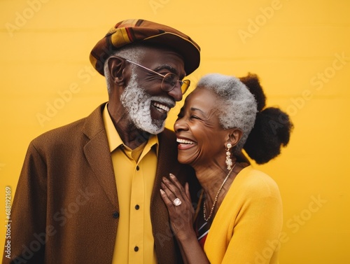 two black seniors embracing in front of a yellow background,