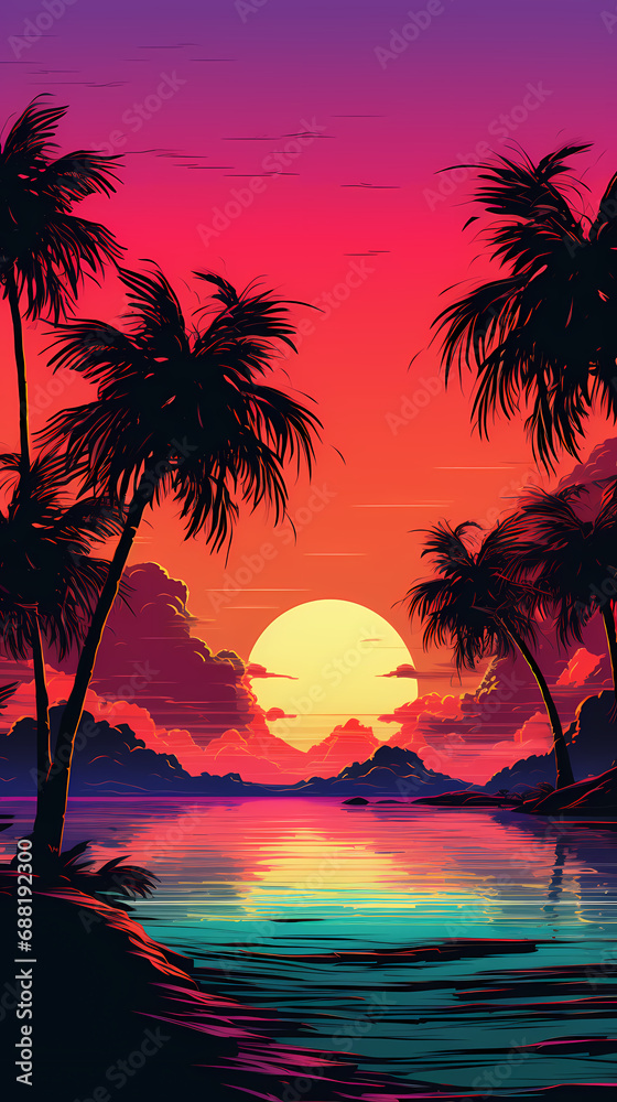 Retrowave landscape silhouette of tropical sunset with palm trees, mountains, ocean. Synthwave vibrant design poster. Miami beach wallpaper.	