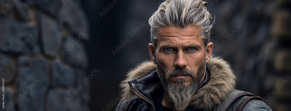 Portrait of Viking man with stone wall in background. 