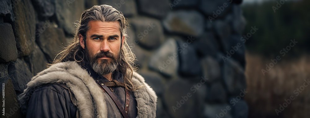 Portrait of Viking man with stone wall in background. Portrait of Viking man with stone wall in background.