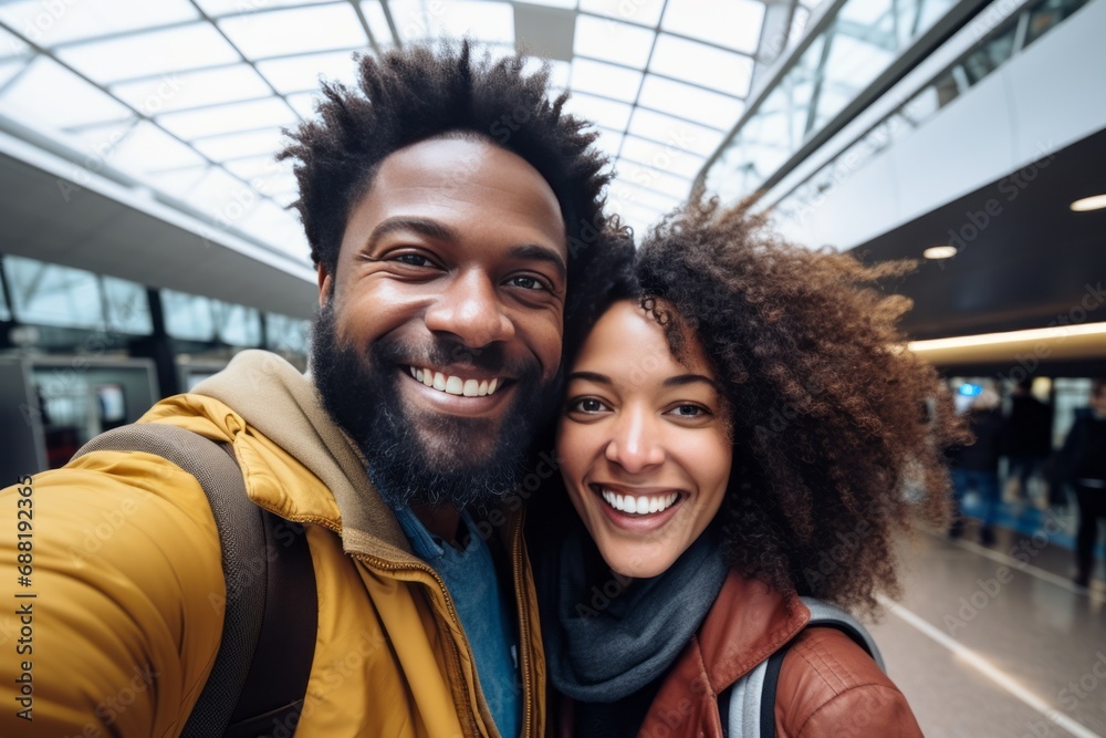 Waiting for the flight. Happy black couple taking a selfie together in ...