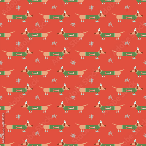 Christmas seamless pattern with cute and funny long dachshund wearing christmas sweater, hat and shoes and snowflakes, with changeable background color. Vector flat illustration for print and design