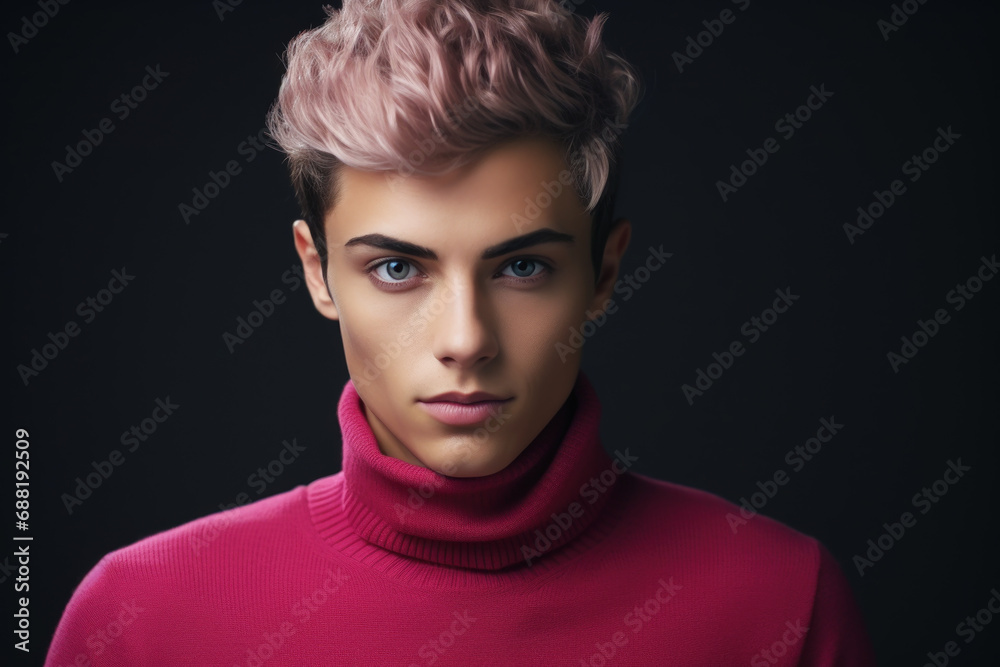Young man with short blond pink hair on studio background. Face of handsome boy wearing red sweater. Concept of style, fashion, beauty model, male portrait, hairstyle, look Young man with short blond pink hair on studio background. Face of handsome boy wearing red sweater. Concept of style, fashion, beauty model, male portrait, hairstyle, look
