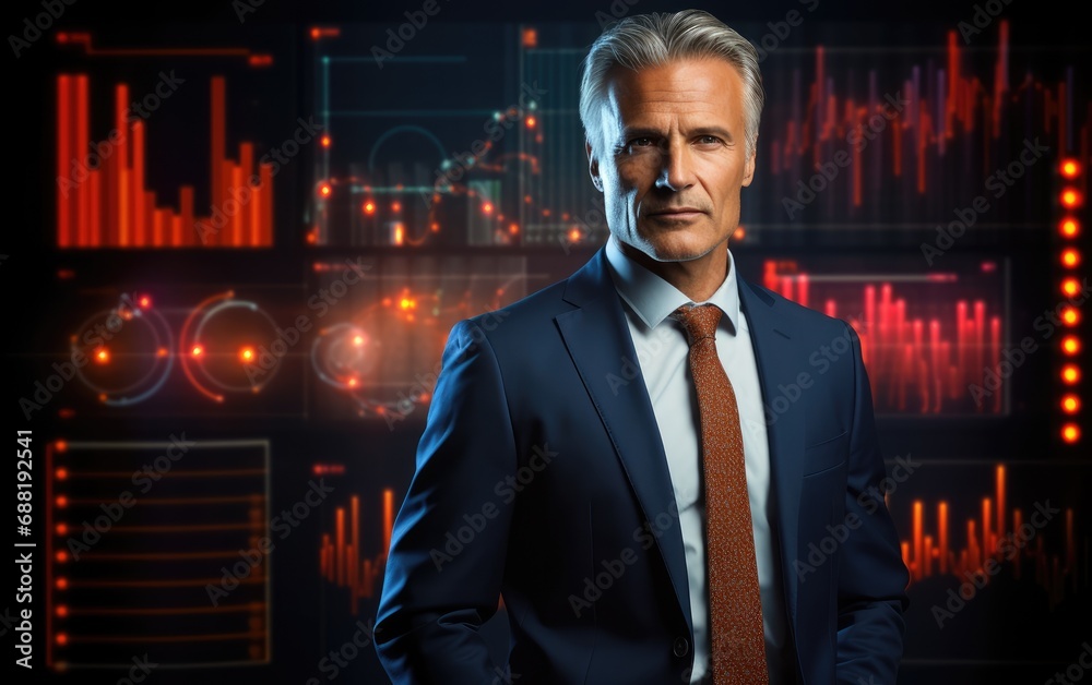 Businessman CEO in front of glowing data Businessman CEO in front of glowing data