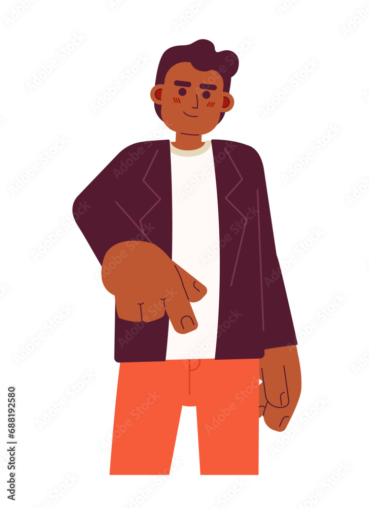 African american young adult man pointing finger 2D cartoon character. Casual business black guy isolated vector person white background. Male with stretched arm color flat spot illustration
