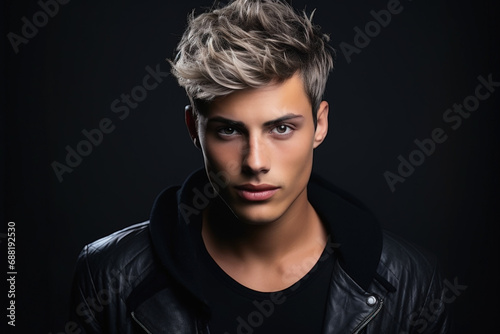 Young man with short blond hair on dark studio background. Face of handsome boy wearing black leather jacket. Concept of style, fashion, beauty model, male portrait, stylish hairstyle photo