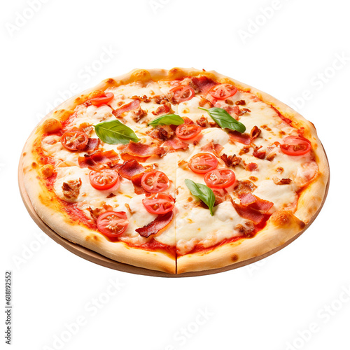 Delicious Italian pizza with tomato, basil and bacon on isolated transparent background