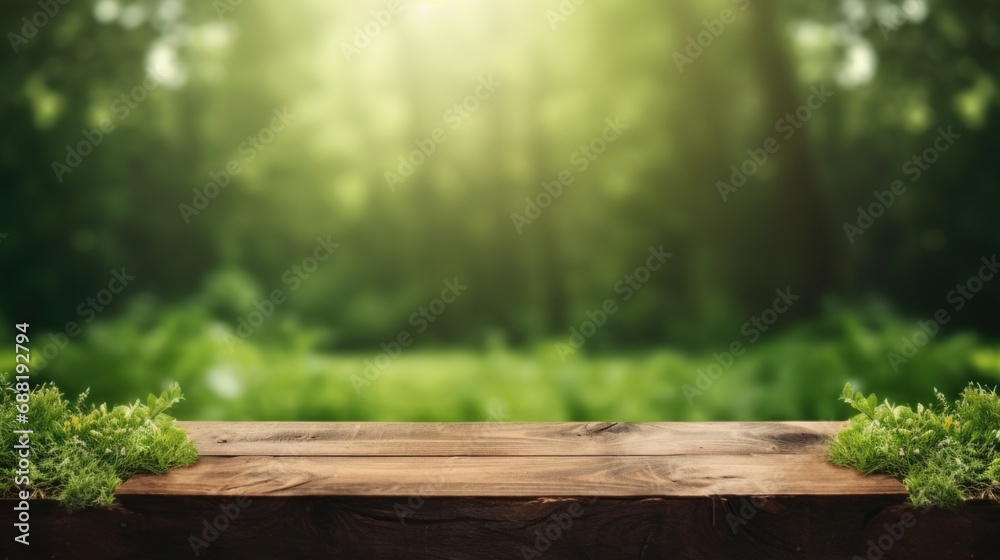 wooden table on a green grassy background, wooden table on a green grassy background,