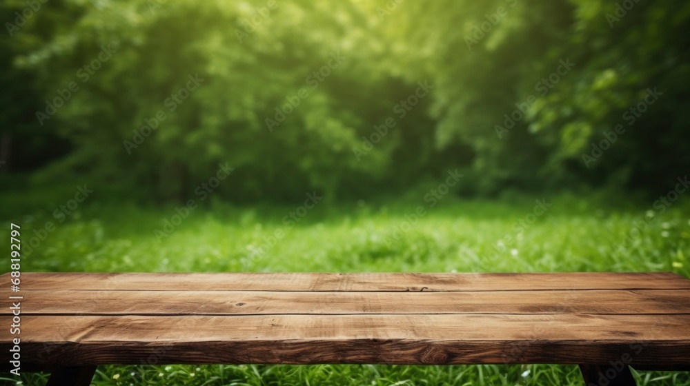 wooden table on a green grassy background, wooden table on a green grassy background,