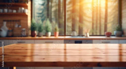 wooden table in kitchen with blurred view of kitchen and window,