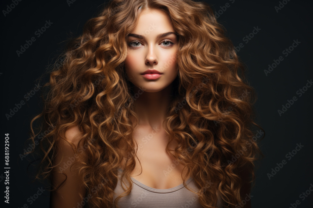 Fototapeta premium Young woman model with long wavy red hair on black studio background. Portrait of beautiful adult girl with stylish hairstyle, healthy skin. Concept of style, fashion, face, sexy