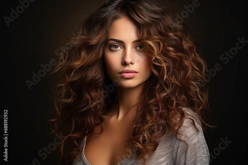 Young sexy woman with long curly brown hair on dark studio background. Portrait of adult girl model with stylish hairstyle, healthy skin. Concept of beauty, face, style, fashion, ad