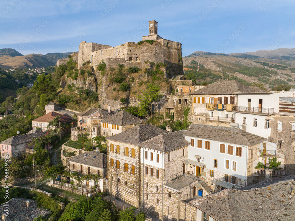 Gjirokaster castle with Clock tower, ottoman architecture houses in Albania, Unesco World Heritage Site, ancient town